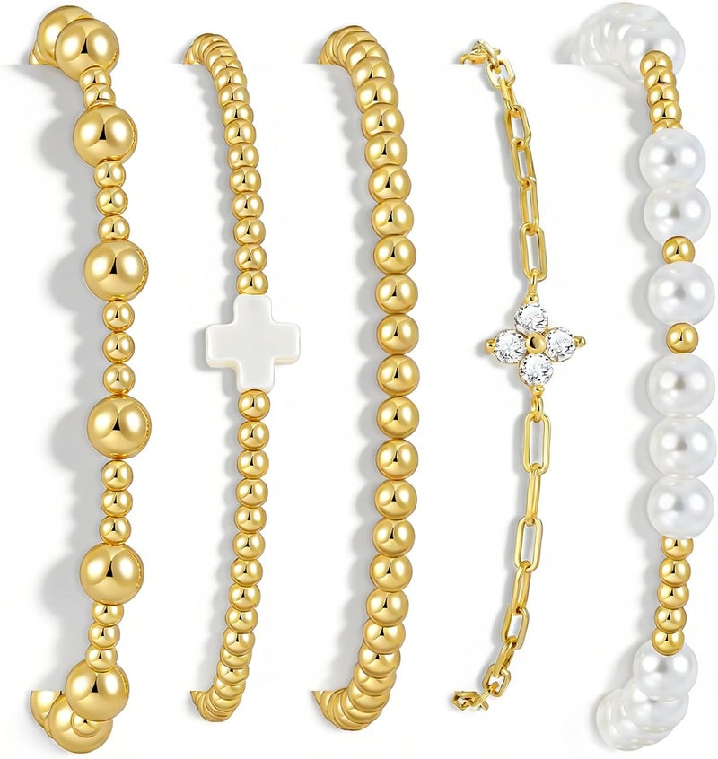 17mile Gold Beaded Bracelets for Women, 5 Pcs Dainty 14K Gold Plated Chunky Stretch Bead Ball Bracelet Stack - Image 1